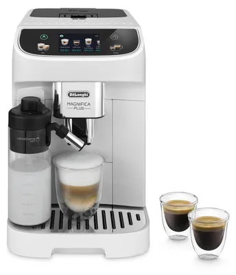 A white DeLonghi Magnifica Plus ECAM 320.60.W coffee machine is shown with a milk carafe attached, a glass of coffee with foam, and two small glasses of espresso.