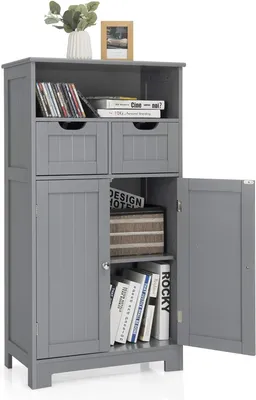 Produktbild von KOMFOTTEU Badezimmerschrank mit 2 Schubladen &1 Schrank & 1 offenen Regal, Badschrank 60 x 30 x 109 cm, Standschrank aus Holz, Aufbewahrungsschrank für Wohnzimmer, Schlafzimmer, Küche (Grau)