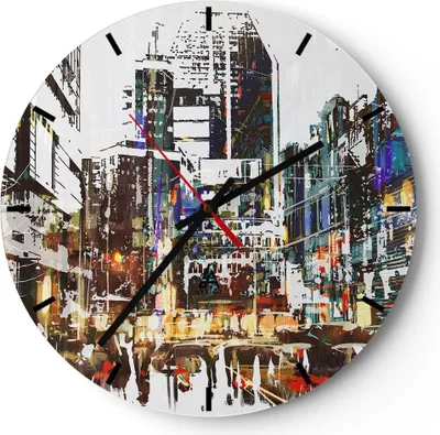 Produktbild von Wanduhr - Rund - Glasuhr - Stadt Straße Haus - 40x40cm - Schleichendes Uhrwerk - Lautlos - zum Aufhängen bereit - Dekoration Modern - Wanddekoration aus Glas - C3AR40x40-3800