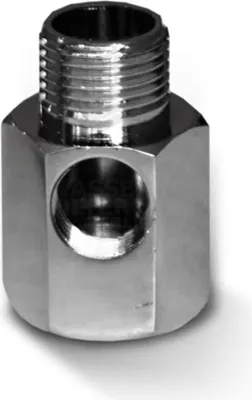 A chrome-plated metal fitting with threaded ends and a side opening.
