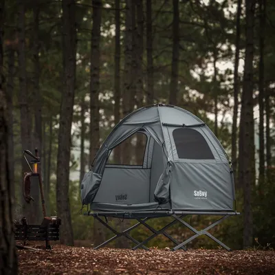 Produktbild von SoBuy OGS32-II-HG 1 Personen 4in1 Zelt auf Stelzen mit Rolltasche Wasserdichtes Campingbett ohne Matratze Angelzelt 193x188x145cm bis 180 kg