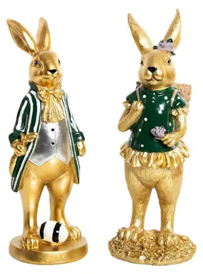 Produktbild von 2 edle Osterhasen Dekofiguren Hasen Paar Gold grün 30 cm