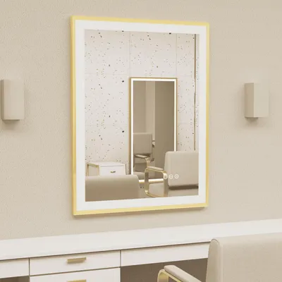 Produktbild von Vrygle Badspiegel 100x60 cm mit Beleuchtung, Golden Aluminiumrahmen, Anti-Beschlag, Dimmbar, 3 Lichtfarben, Vertikal & Horizontal, IP56