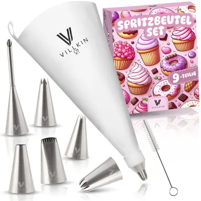 Produktbild von Villkin Spritzbeutel-Set – 9-teilig | Inkl. 6 Edelstahl-Spritztüllen, Adapter & Reinigungsbürste | 34 cm großer Spritzbeutel | Spülmaschinenfest