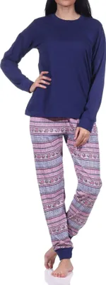 Produktbild von Normann Damen langarm Schlafanzug mit Bündchen Pyjama im wunderschönen Ethnolook ; navy , 36