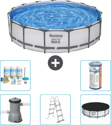 Produktbild von Bestway Round Steel Pro MAX Schwimmbad – 457 x 107 cm – Grau – inklusive Pumpe – Leiter – Abdeckung Wartungspaket - Filter