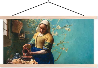 Produktbild von MuchoWow® Textilposter Milchmädchen - Mandelblüte - Van Gogh - Vermeer - Gemälde - Alte Meister 120x60 cm mit holzfarbenen Rahmen - Klemmleiste