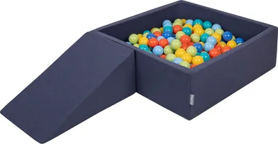 Obrázok produktu pre KiddyMoon Mäkké penové ihrisko pre deti s guľatým loptičkovým ihriskom (100 ∅ 7 cm) s mäkkými prekážkami a loptičkovým bazénom,  vyrobené v EÚ, Tmavomodrá:Svetlo zelená/Orange/Tyrkysová/M
