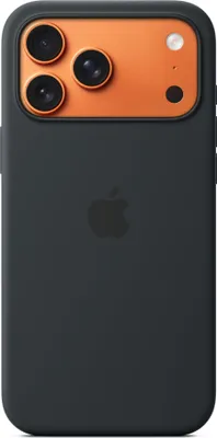 A black iPhone case with an orange camera module is shown against a white background.