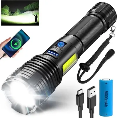 Produktbild von Wiederaufladbare LED -Taschenlampe, 500.000 Lumen, extrem helles Seitenlicht, 9 Modi, taktische Zoom- und IPX7 -wasserdichte, starke Camping -Notfälle