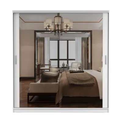 Produktbild von Schwebetürenschrank TOKYO M, Schlafzimmer Kleiderschrank Schrank 203 cm Weiß/Weiß mit Spiegel, alufarbene PVC-Griffe