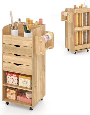 Zdjęcie produktu dla Wózek COSTWAY z 3 szufladami, wózek rzemieślniczy z 2 drążkami i 3 przegrodami, szafka z szufladami na kółkach, wózek wielofunkcyjny, natura