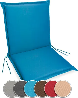 A single blue chair cushion is shown against a white background, with swatches of other available colors below.