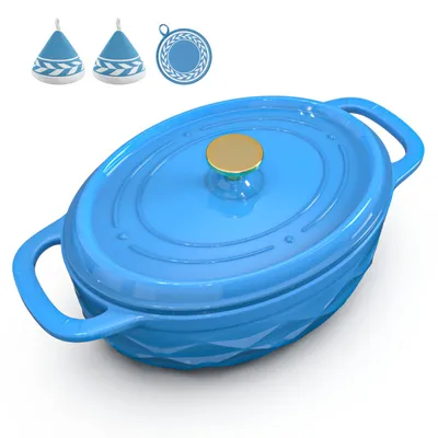 Image de Casserole en fonte (7,1 litres), forme ovale, incluant des gants de four et un tapis résistant à la chaleur, idéale pour la cuisson au four en cuisine, de couleur bleue