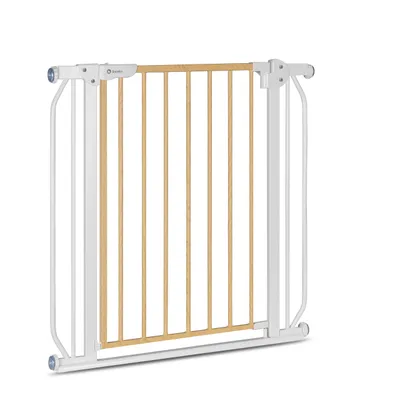 A baby safety gate is shown against a white background.
