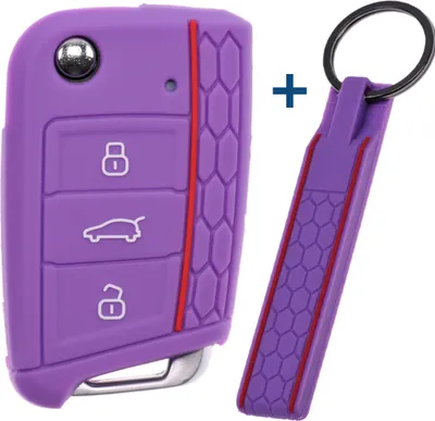 Produktbild von Auto Schlüssel Silikon Schutz Hülle + Schlüsselband im Wabe Design Lila kompatibel mit VW SEAT Skoda Golf 7 Leon Octavia 3 Tasten Klappschlüssel
