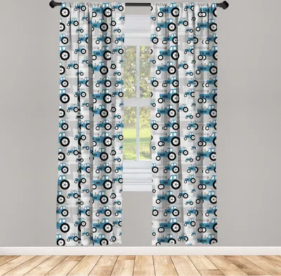 Produktbild von ABAKUHAUS Bauernhof Vorhänge, Gardinen, Traktor LKW Industriemaschinen Harvester Landwirtschaft Räder Dorf, 2 Stück 75 x 175 cm, , Sea Blue und hellgrau