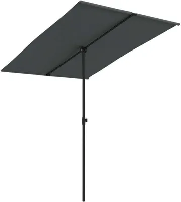 A rectangular umbrella with a black pole against a white background.