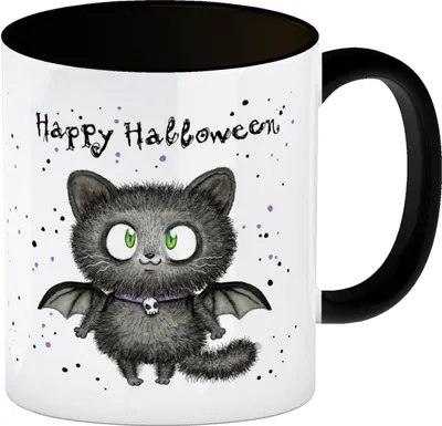 Produktbild von Happy Halloween Kaffeebecher in schwarz mit schwarzer Fledermaus-Katze