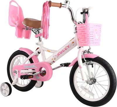 Imagen del producto de Bicicleta infantil de 12, 14 o 16 pulgadas, para niñas de 2 a 7 años, con ruedas de apoyo y freno de mano delantero, cesto, cintas decorativas, en color lila, rosa y blanco