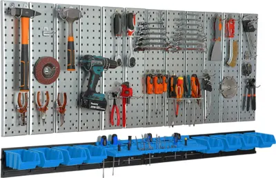 Produktbild von Werkzeugwand 156x72 cm Metall Lagersystem mit Werkzeughaltern Werkzeughaken und 8 Stapelboxen 100 x 150 x 70 mm Farbe: blau Lochbrett Werkstatt Garage Steckbrett Elektrowerkzeuge Lochwand
