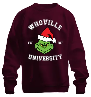 Productafbeelding van WHOVILLE UNIVERSITEIT, Grinch, Kerst, Grappig Cadeau, 1957, Retro, Uni, Sweater, Bourgogne, Maat M