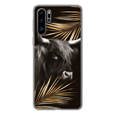 Produktbild von MuchoWow® Handyhülle Schutzhülle Hülle für Huawei P30 Pro Schottischer Highlander - Blätter - Gold Silikon Softcase Handy Hülle - Schutzdeckel