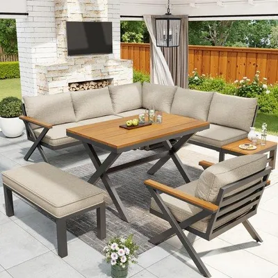 Immagine prodotto di Set di mobili da giardino - Struttura in metallo - Cuscini - Tavolo in legno - Combinabile
