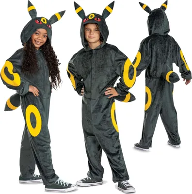 Three children wearing Umbreon costumes from Pokemon.