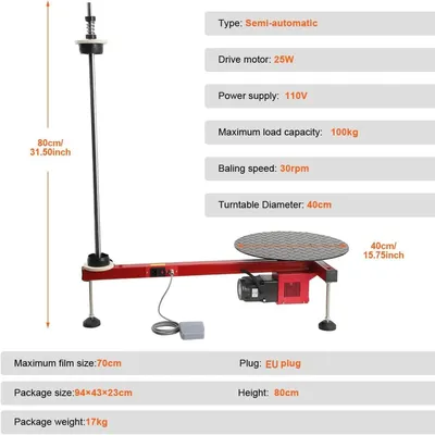 Obrázok produktu pre Zabalovacia stroj na strečovú fóliu - Manuálny/elektrický dávkovač fólie na palety - Nosnosť 100 kg - Vhodné pre šírky fólie 30,5–71,1 cm - 220–240 V, zástrčka pre európsku sieť