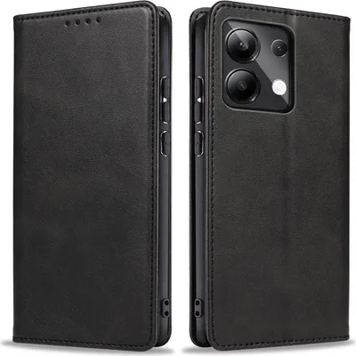 A black leather flip case for a smartphone is shown from two angles.