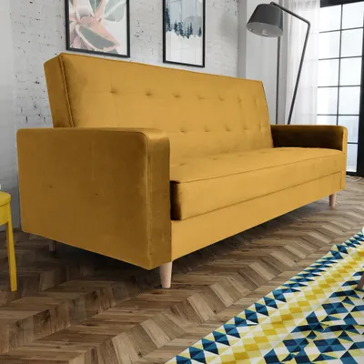 Produktbild von Schlafsofa im skandinavisches Stil Bamako Polstersofa mit Holzbeine Sofa mit Schlaffunktion Bettkasten Couch aus Velour, Farbe: Senfgelb, Kronos 01