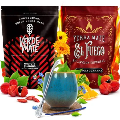 Produktbild von Verde Mate & El Fuego - Yerba Mate Tee Set Energia Guarana 2x500g - Mate Becher Keramik Isla 220ml - Bombilla - Brasilien & Paraguay