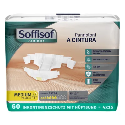 Produktbild von Soffisof Air Dry Gürtelwindeln für Erwachsene Extra M - 60x Inkontinenz Schutzhosen - 4 Packungen mit 15 Windeln, 7 Tropfen - Erwachsenen Windeln