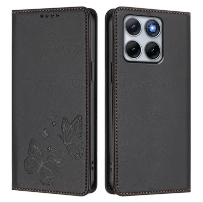 Produktbild von Lederhülle für Motorola Edge 70 Fusion, Schmetterling Prägung Leder Brieftasche Schutzhülle mit Ständer Schwarz