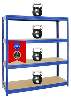 Produktbild von Schwerlastregal DINO | HxBxT 180x160x60cm | 4 MDF-Platten-Ebenen 6,5 mm | Fachlast 600kg | Blau