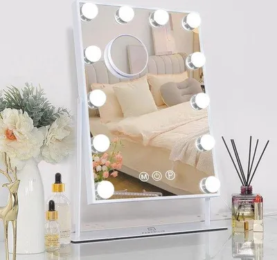 Obrázek produktu pro Kosmetické zrcátko s LED žárovkami s nastavitelnou intenzitou, otočné o 360°, 10násobné zvětšení