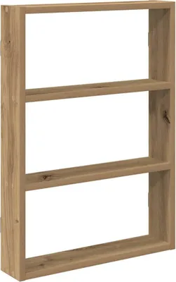 A wooden shelf unit with three compartments against a white background.