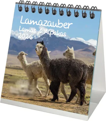 Produktbild von Lamazauber Tischkalender 10cm x 10cm für 2026 Lama Alpaka - Geschenkset Inhalt: 1x Kalender 1x Weihnachtsanhänger 1x Grußanhänger (gesamt 3 Teile)
