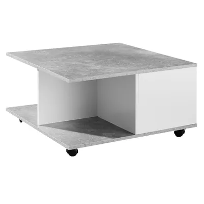 Produktbild von WOHNLING Design Couchtisch 70x70 cm Zementgrau / Weiß Wohnzimmertisch mit 2 Schubladen Sofatisch mit Rollen Tisch mit 2 Fächern