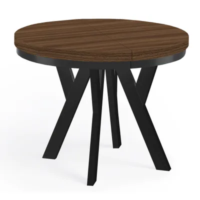 Image de Table ronde à rallonges pour la salle à manger, PERO avec un piètement à anneaux, style loft, diamètre : 90 / 190 cm, couleur : Franklin noyer / noir
