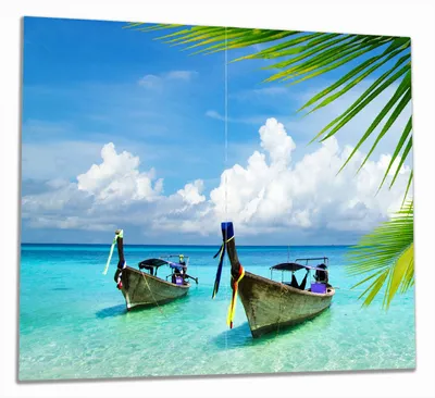 Produktbild von Wallario Herdabdeckplatte aus Glas, Größe 60 x 52 cm 2-teilig, Motiv Sonnenboot in der Karibik