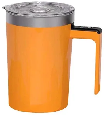 Immagine prodotto di Tazza da caffè elettrica a miscelazione magnetica da 400 ml con indicatore di temperatura, portatile, ricaricabile, per caffè, latte, cioccolata e altre bevande, di colore arancione.