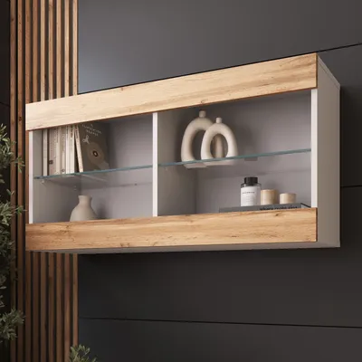 Produktbild von Komodee, Hängende Vitrine Schrank Tivoli, Wotan/Weiß, Breite 100cm x Höhe 50cm x Tiefe 29cm, 2 Regalböden, für Wohnzimmer, Schlafzimmer, Eingang