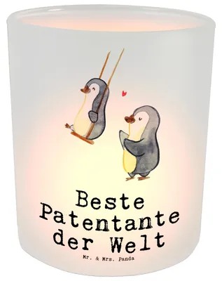 Produktbild von Mr. & Mrs. Panda Windlicht aus Glas Pinguin Beste Patentante der Welt - Transparent - Geschenk, Geschenkidee, Dankeschön, Neffe, Familie, Outdoor, Garten, Nichte, Taufe