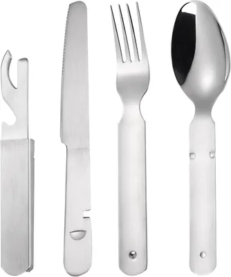 Produktbild von Camping besteckset edelstahl, 4-teilig, messer, gabel, löffel, dosenöffner, für camping