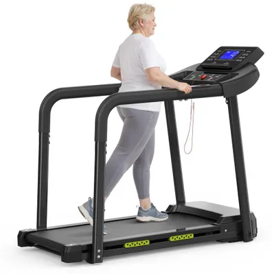 Produktbild von AIORBER Faltbares Laufband für Senioren, bis 135 kg, lange Handläufe, LED-Display, leise, klappbar, Heimtrainer, Schwarz