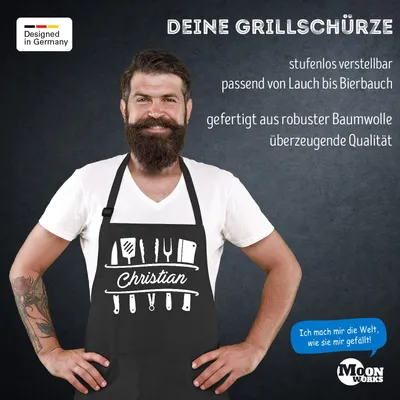 Grillschürze Aus Dickem Baumwoll-Twill – Volle Länge, Mit 2 Vordertaschen, Schwarz, Einheitsgröße