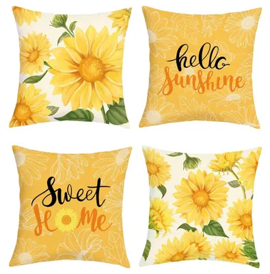Produktbild von Omgoods – Set aus 4 dekorativen Kissenbezügen mit Sonnenblumendesign