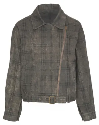 Produktbild von Grüne Denim Jacke S mit Karomuster und asymmetrischem Reißverschluss